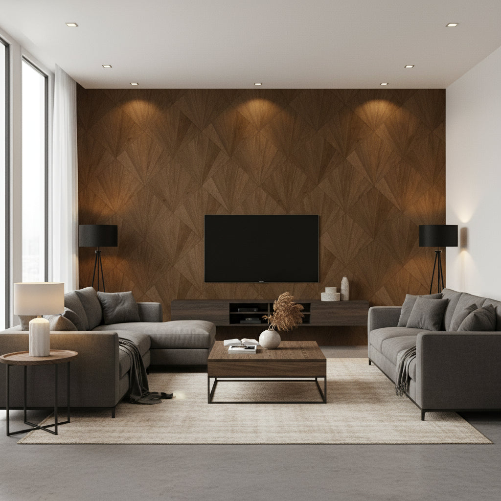 Ajiro Fanfare Cacao Luster | Maya Romanoff - Living Room Visualization (AI-generated, may not be to scale. Verify pattern scale with product specifications.)