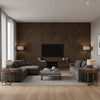 Ajiro Fanfare Cacao | Maya Romanoff - Living Room Visualization (AI-generated, may not be to scale. Verify pattern scale with product specifications.)