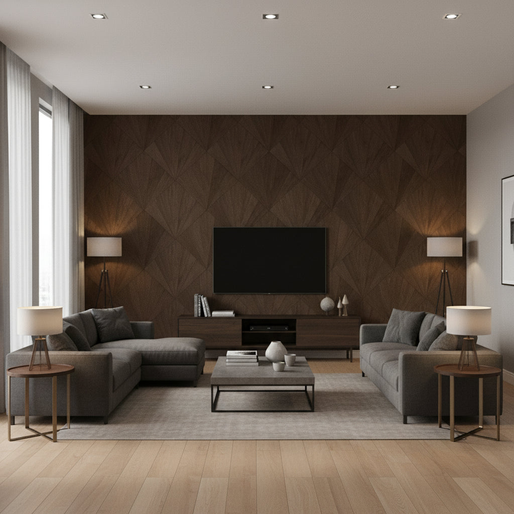 Ajiro Fanfare Cacao | Maya Romanoff - Living Room Visualization (AI-generated, may not be to scale. Verify pattern scale with product specifications.)