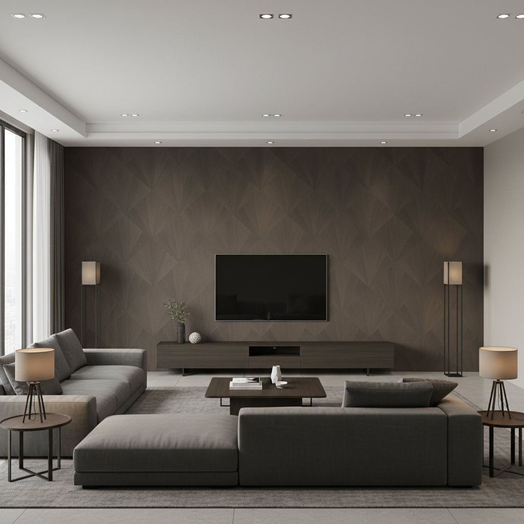 Ajiro Fanfare Ash | Maya Romanoff - Living Room Visualization (AI-generated, may not be to scale. Verify pattern scale with product specifications.)