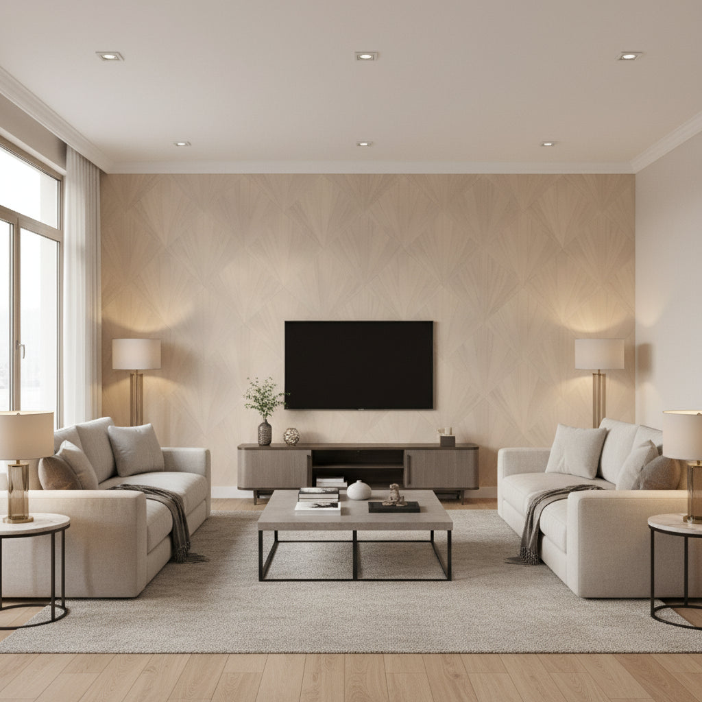 Ajiro Fanfare Bamboo | Maya Romanoff - Living Room Visualization (AI-generated, may not be to scale. Verify pattern scale with product specifications.)
