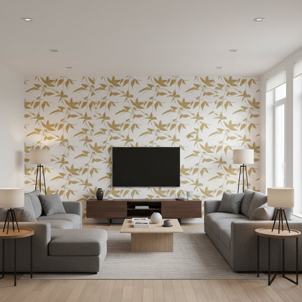 Persimmon Leaf Wallcovering - Gold/White | Ronald Redding