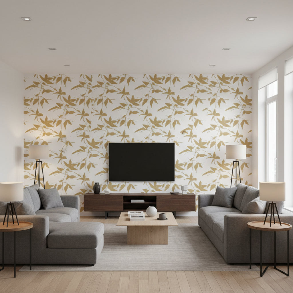 Persimmon Leaf Wallcovering Gold/White | Ralph Lauren - Living Room Visualization (AI-generated, may not be to scale. Verify pattern scale with product specifications.)
