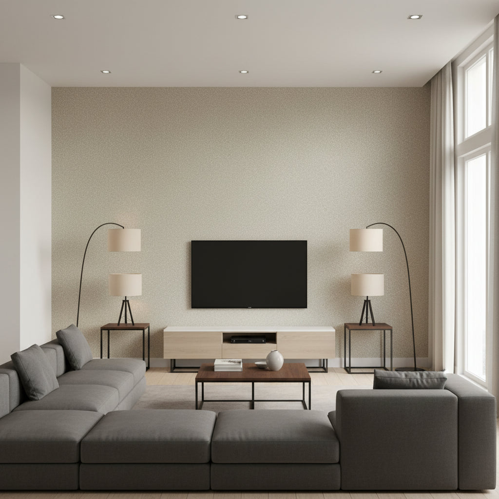 Bantam Tile Wallcovering Grey | Ralph Lauren - Living Room Visualization (AI-generated, may not be to scale. Verify pattern scale with product specifications.)