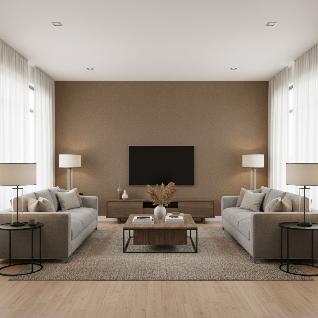 Afterglow Pulp Copper | Architectural Wallcoverings - Living Room Visualization (AI-generated, may not be to scale. Verify pattern scale with product specifications.)