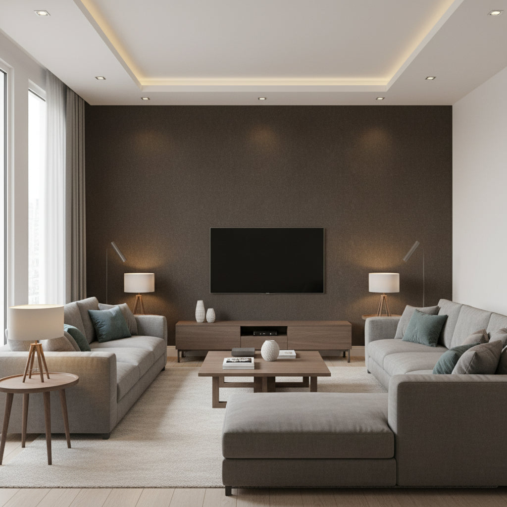 Afterglow Pulp Bronze | Architectural Wallcoverings - Living Room Visualization (AI-generated, may not be to scale. Verify pattern scale with product specifications.)