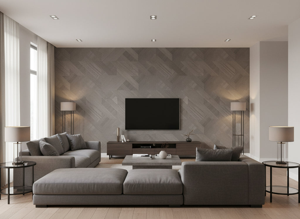 Ajiro Houndstooth Silver Birch Luster | Maya Romanoff - Living Room Visualization (AI-generated, may not be to scale. Verify pattern scale with product specifications.)