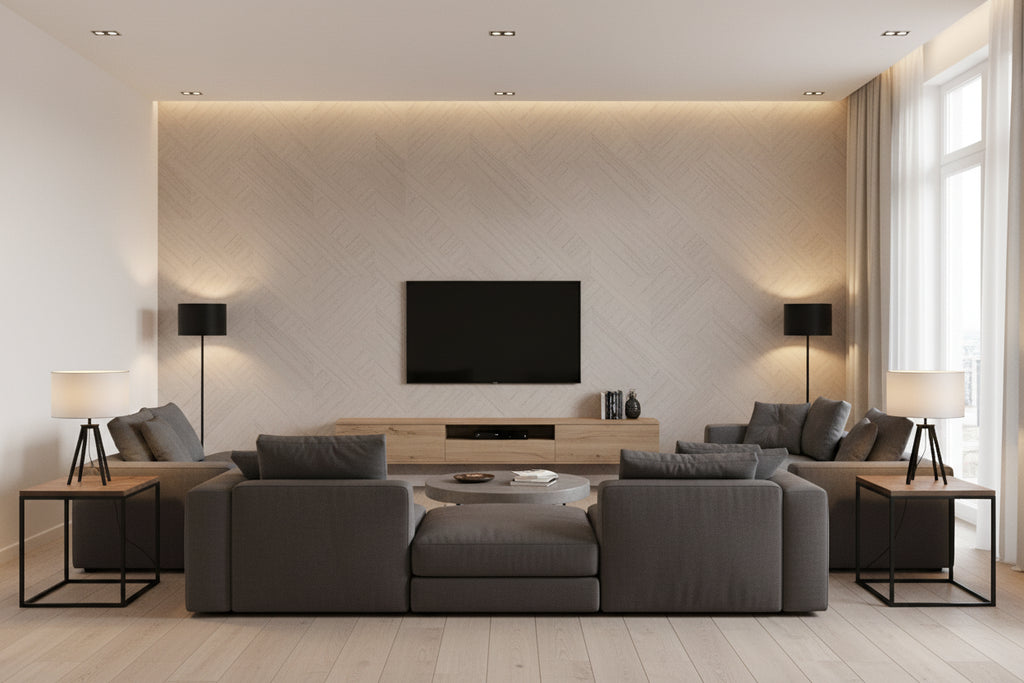 Ajiro Houndstooth Driftwood | Maya Romanoff - Living Room Visualization (AI-generated, may not be to scale. Verify pattern scale with product specifications.)
