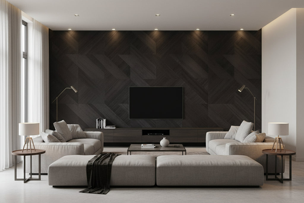 Ajiro Houndstooth Ebony Luster | Maya Romanoff - Living Room Visualization (AI-generated, may not be to scale. Verify pattern scale with product specifications.)