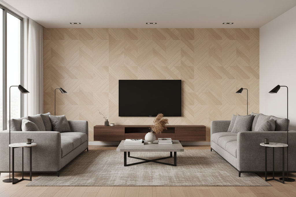 Ajiro Houndstooth Maple | Maya Romanoff - Living Room Visualization (AI-generated, may not be to scale. Verify pattern scale with product specifications.)