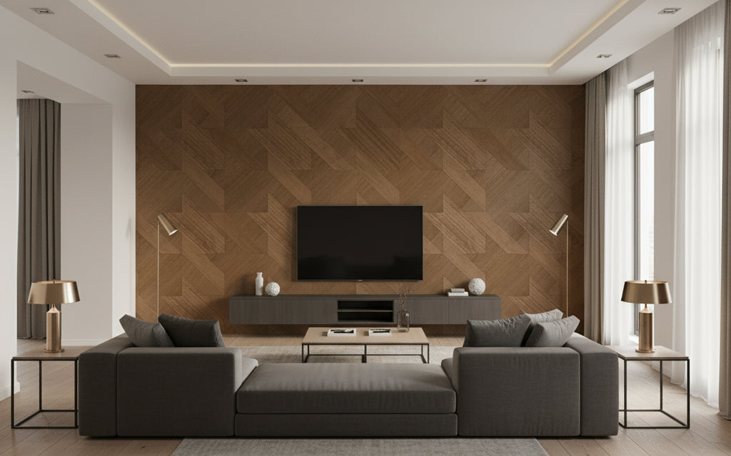 Ajiro Houndstooth Chestnut | Maya Romanoff - Living Room Visualization (AI-generated, may not be to scale. Verify pattern scale with product specifications.)