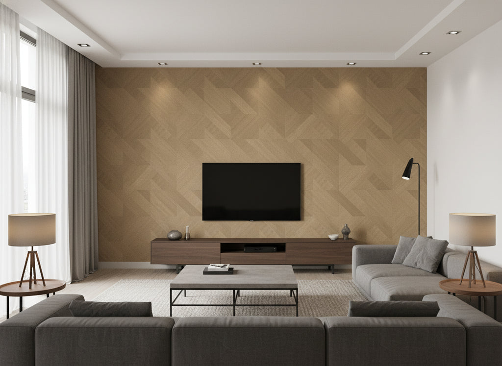 Ajiro Houndstooth Oak Luster | Maya Romanoff - Living Room Visualization (AI-generated, may not be to scale. Verify pattern scale with product specifications.)