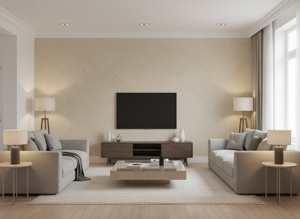 Ajiro Houndstooth Teak | Maya Romanoff - Living Room Visualization (AI-generated, may not be to scale. Verify pattern scale with product specifications.)