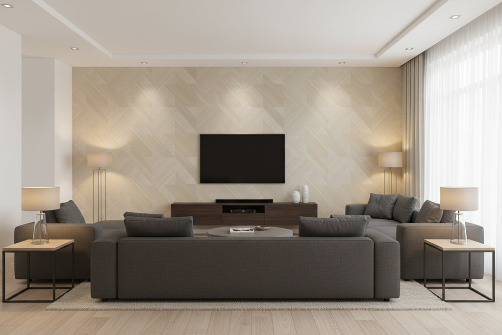 Ajiro Houndstooth Teak Luster | Maya Romanoff - Living Room Visualization (AI-generated, may not be to scale. Verify pattern scale with product specifications.)