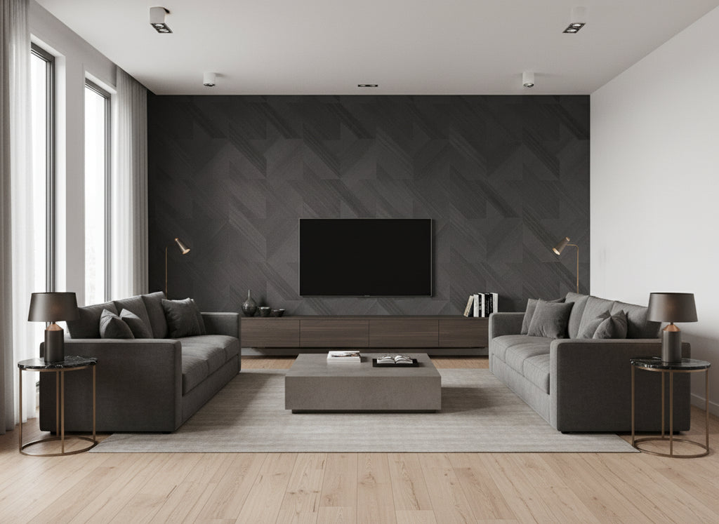 Ajiro Houndstooth Ash Luster | Maya Romanoff - Living Room Visualization (AI-generated, may not be to scale. Verify pattern scale with product specifications.)