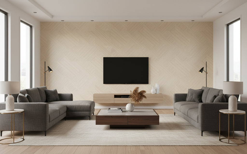 Ajiro Houndstooth Bamboo | Maya Romanoff - Living Room Visualization (AI-generated, may not be to scale. Verify pattern scale with product specifications.)