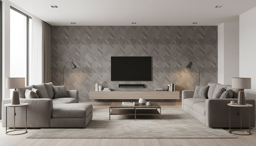 Ajiro Houndstooth Polished Silver Birch Luster | Maya Romanoff - Living Room Visualization (AI-generated, may not be to scale. Verify pattern scale with product specifications.)