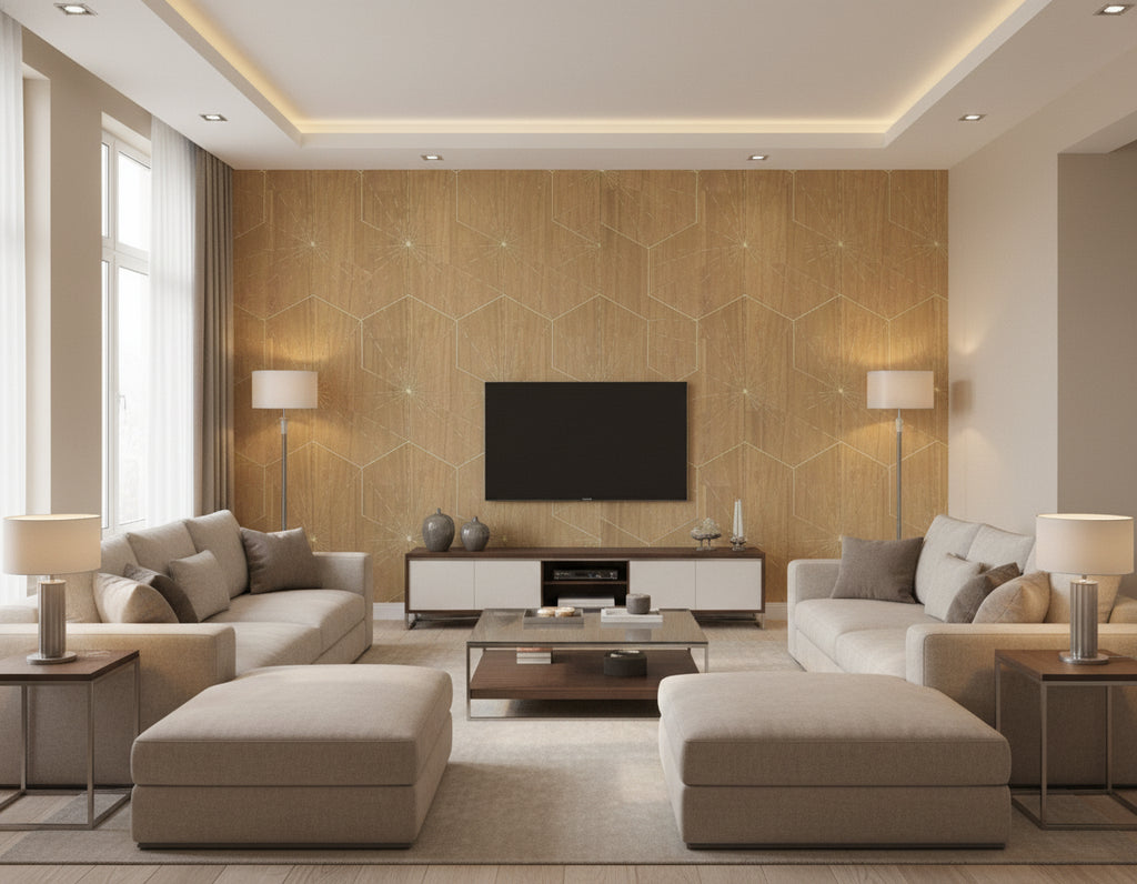 Ajiro Burst of Happiness Calm Winter White | Maya Romanoff - Living Room Visualization (AI-generated, may not be to scale. Verify pattern scale with product specifications.)