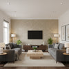 Shimmering Burlap - Luminous Taupe | Maya Romanoff - Living Room Visualization (AI-generated, may not be to scale. Verify pattern scale with product specifications.)