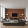 Shimmering Burlap - Gilded Vermillion | Maya Romanoff - Living Room Visualization (AI-generated, may not be to scale. Verify pattern scale with product specifications.)