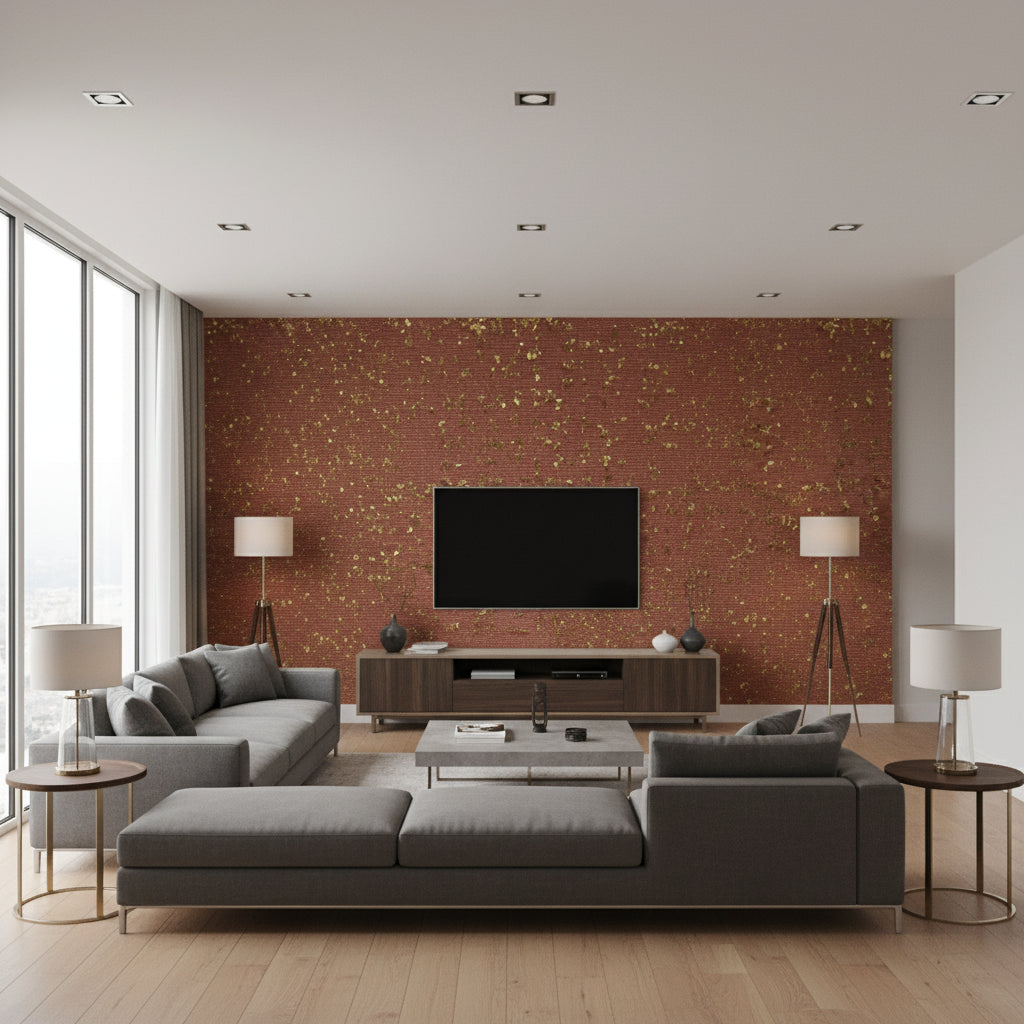 Shimmering Burlap - Gilded Vermillion | Maya Romanoff - Living Room Visualization (AI-generated, may not be to scale. Verify pattern scale with product specifications.)