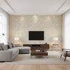 Shimmering Burlap - Golden Ecru | Maya Romanoff - Living Room Visualization (AI-generated, may not be to scale. Verify pattern scale with product specifications.)