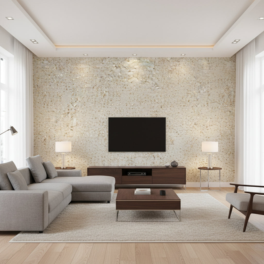 Shimmering Burlap - Golden Ecru | Maya Romanoff - Living Room Visualization (AI-generated, may not be to scale. Verify pattern scale with product specifications.)