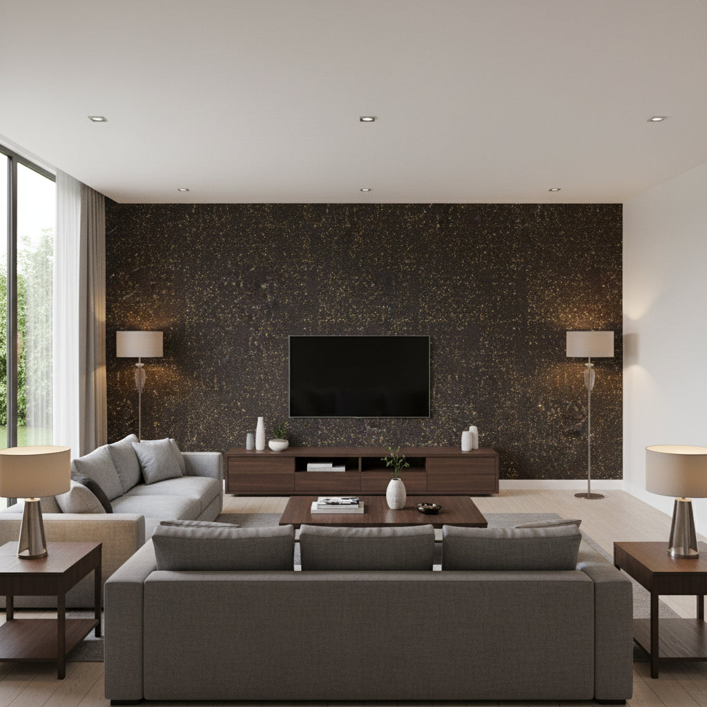 Shimmering Burlap - Smokey Glitz | Maya Romanoff - Living Room Visualization (AI-generated, may not be to scale. Verify pattern scale with product specifications.)