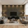 Shimmering Burlap - Flickering Slate | Maya Romanoff - Living Room Visualization (AI-generated, may not be to scale. Verify pattern scale with product specifications.)