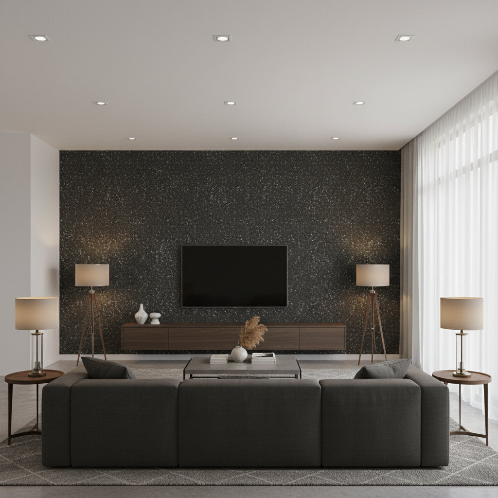 Shimmering Burlap - Greige Copper Flash | Maya Romanoff - Living Room Visualization (AI-generated, may not be to scale. Verify pattern scale with product specifications.)