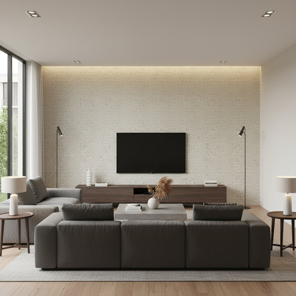 Shimmering Burlap - Pearly Buff | Maya Romanoff - Living Room Visualization (AI-generated, may not be to scale. Verify pattern scale with product specifications.)