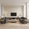 Shimmering Burlap - Champagne Fizz | Maya Romanoff - Living Room Visualization (AI-generated, may not be to scale. Verify pattern scale with product specifications.)