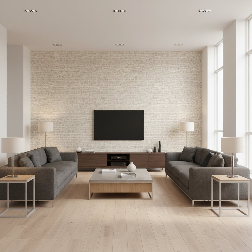 Shimmering Burlap - Champagne Fizz | Maya Romanoff - Living Room Visualization (AI-generated, may not be to scale. Verify pattern scale with product specifications.)