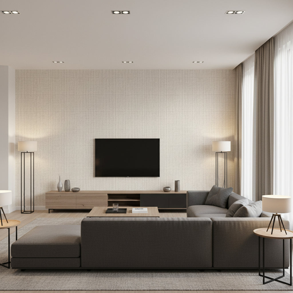 Albini Thread | Architectural Wallcoverings - Living Room Visualization (AI-generated, may not be to scale. Verify pattern scale with product specifications.)