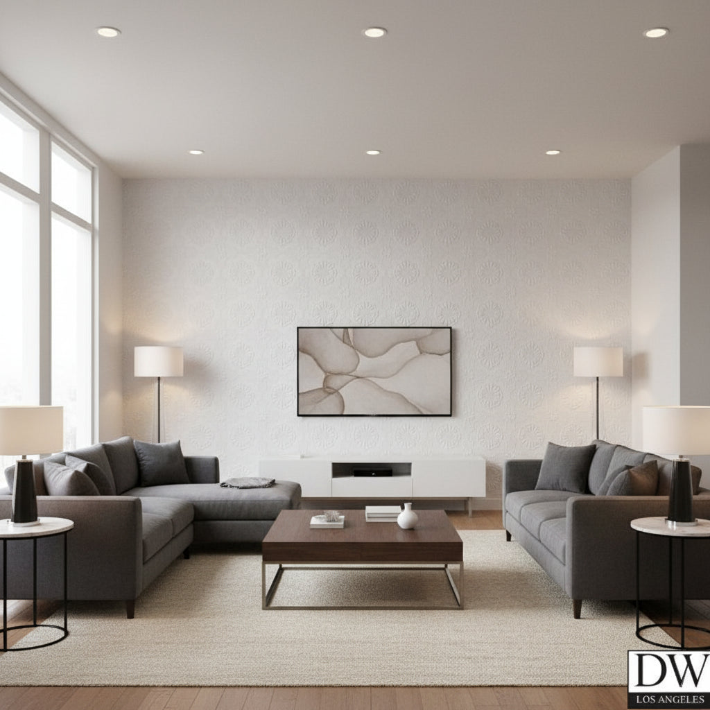 Alexander Paintable Supaglypta | Jeffrey Stevens - Living Room Visualization (AI-generated, may not be to scale. Verify pattern scale with product specifications.)