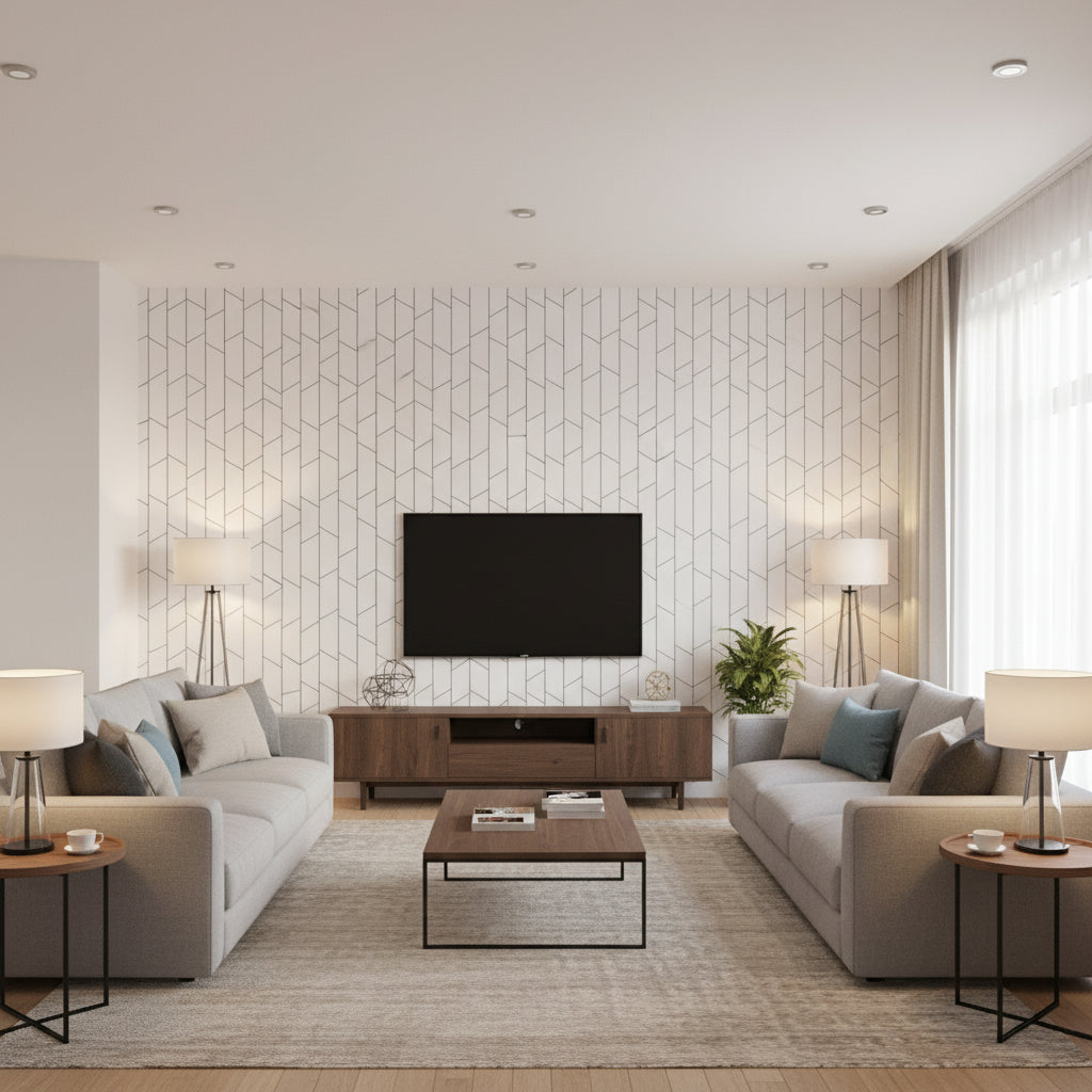 Angle Black on White | Schumacher Wallcoverings - Living Room Visualization (AI-generated, may not be to scale. Verify pattern scale with product specifications.)