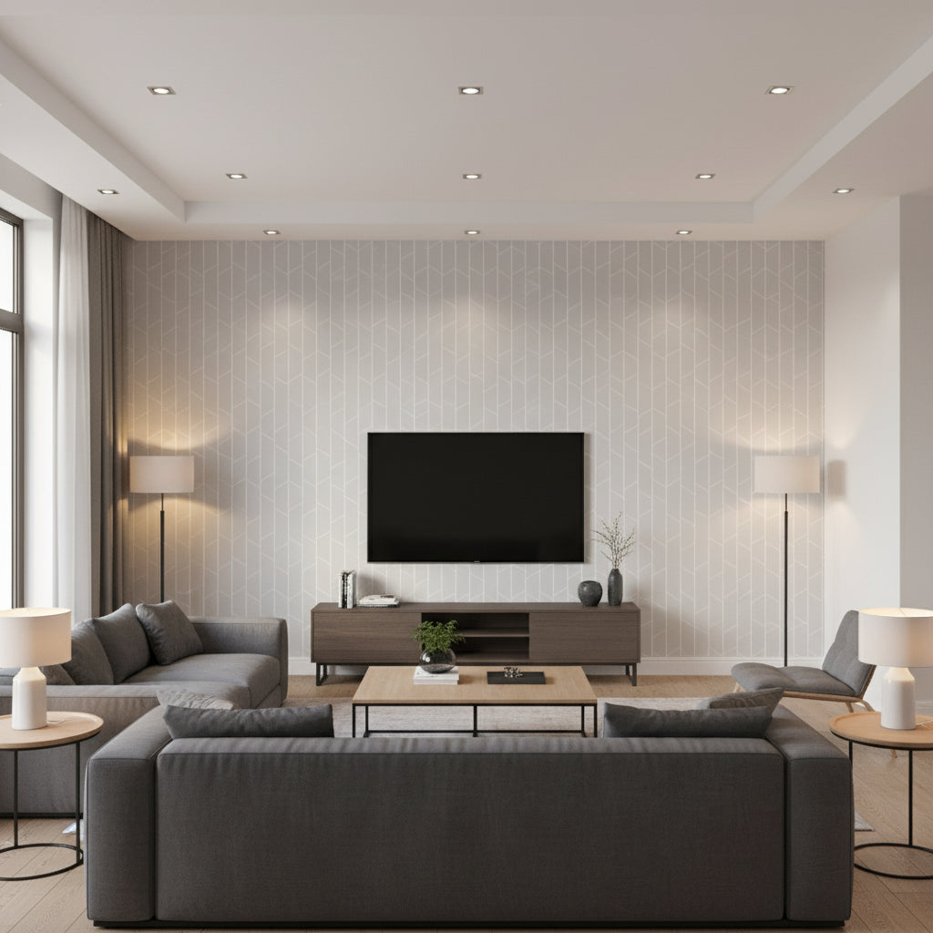 Angle Grey | Schumacher Wallcoverings - Living Room Visualization (AI-generated, may not be to scale. Verify pattern scale with product specifications.)