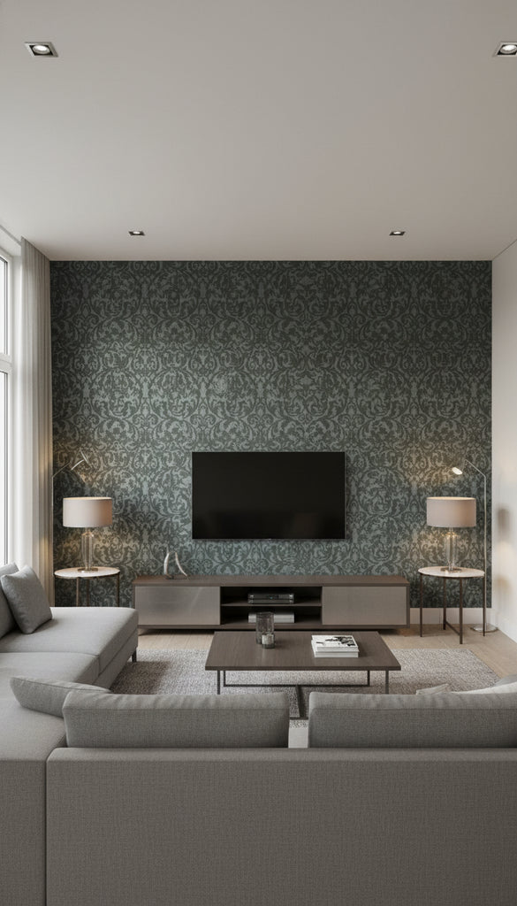 Antique Damask Print - Living Room Visualization (AI-generated, may not be to scale. Verify pattern scale with product specifications.)