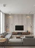 Ajiro Plank - Silver Birch Luster | Maya Romanoff - Living Room Visualization (AI-generated, may not be to scale. Verify pattern scale with product specifications.)
