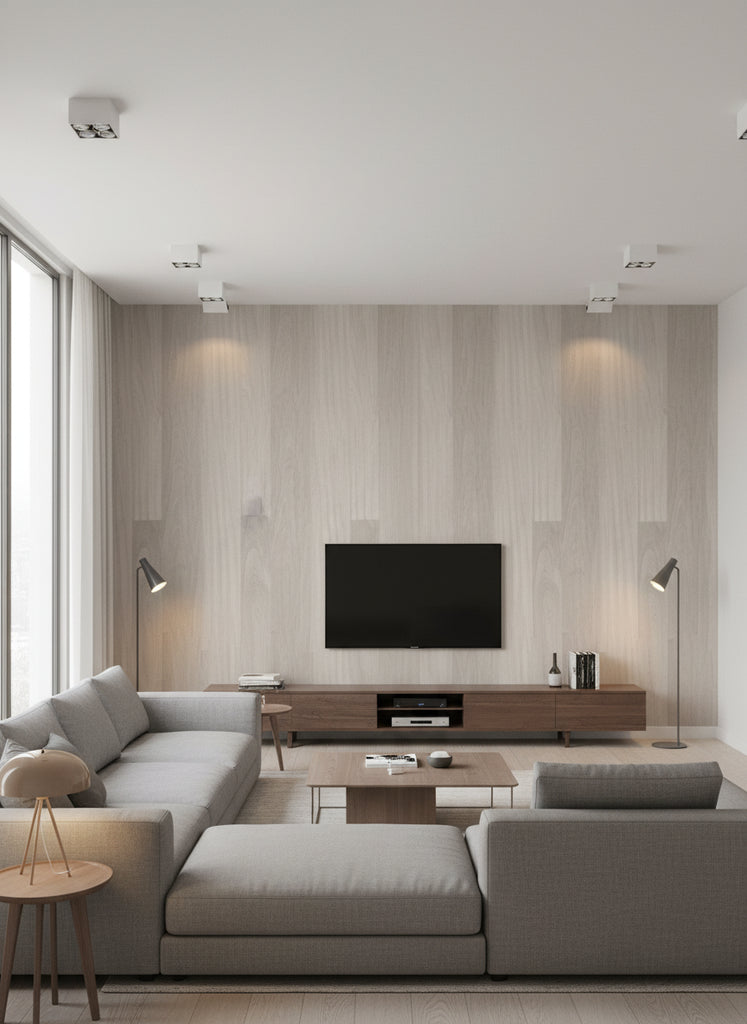 Ajiro Plank - Silver Birch Luster | Maya Romanoff - Living Room Visualization (AI-generated, may not be to scale. Verify pattern scale with product specifications.)