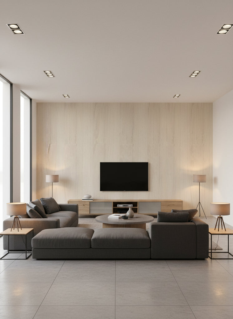 Ajiro Plank - Driftwood | Maya Romanoff - Living Room Visualization (AI-generated, may not be to scale. Verify pattern scale with product specifications.)