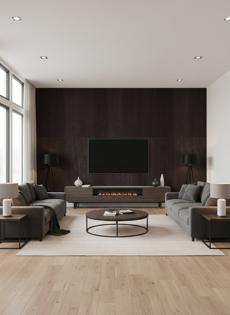 Ajiro Plank - Ebony Luster | Maya Romanoff - Living Room Visualization (AI-generated, may not be to scale. Verify pattern scale with product specifications.)