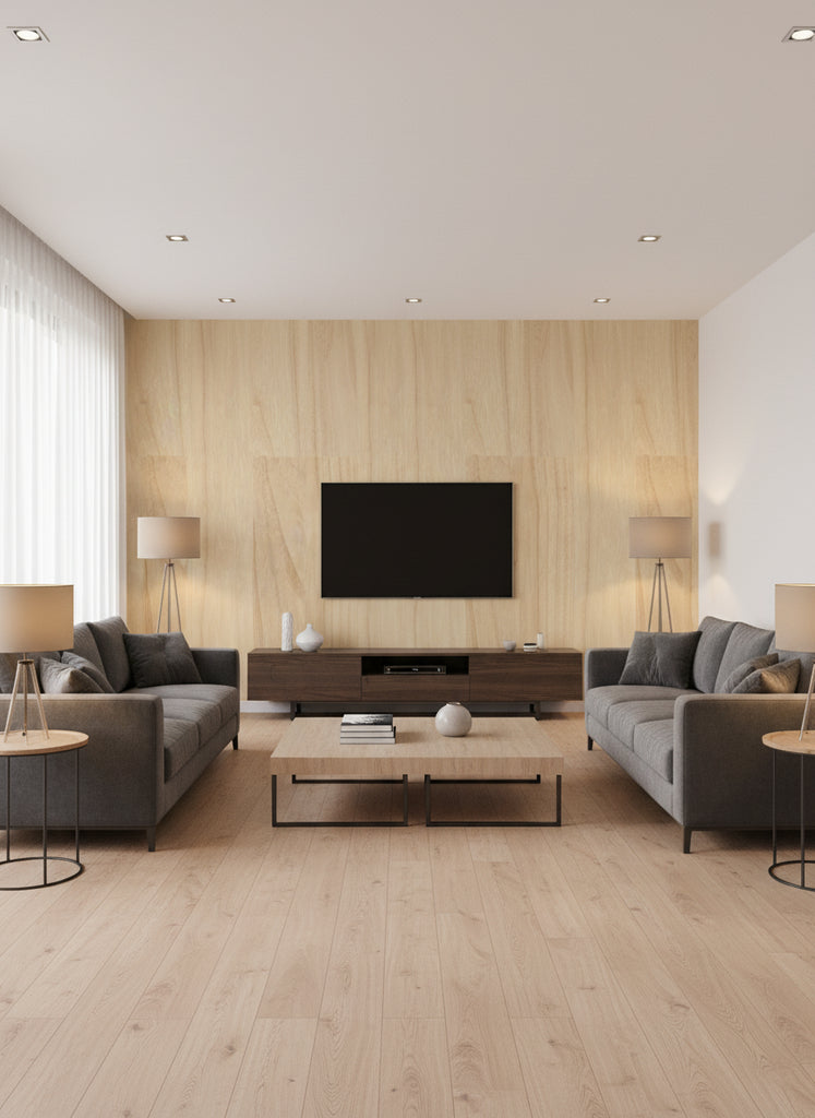 Ajiro Plank - Maple | Maya Romanoff - Living Room Visualization (AI-generated, may not be to scale. Verify pattern scale with product specifications.)