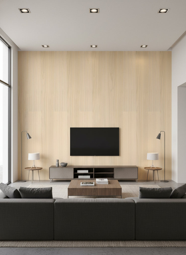 Ajiro Plank - Polished Maple | Maya Romanoff - Living Room Visualization (AI-generated, may not be to scale. Verify pattern scale with product specifications.)