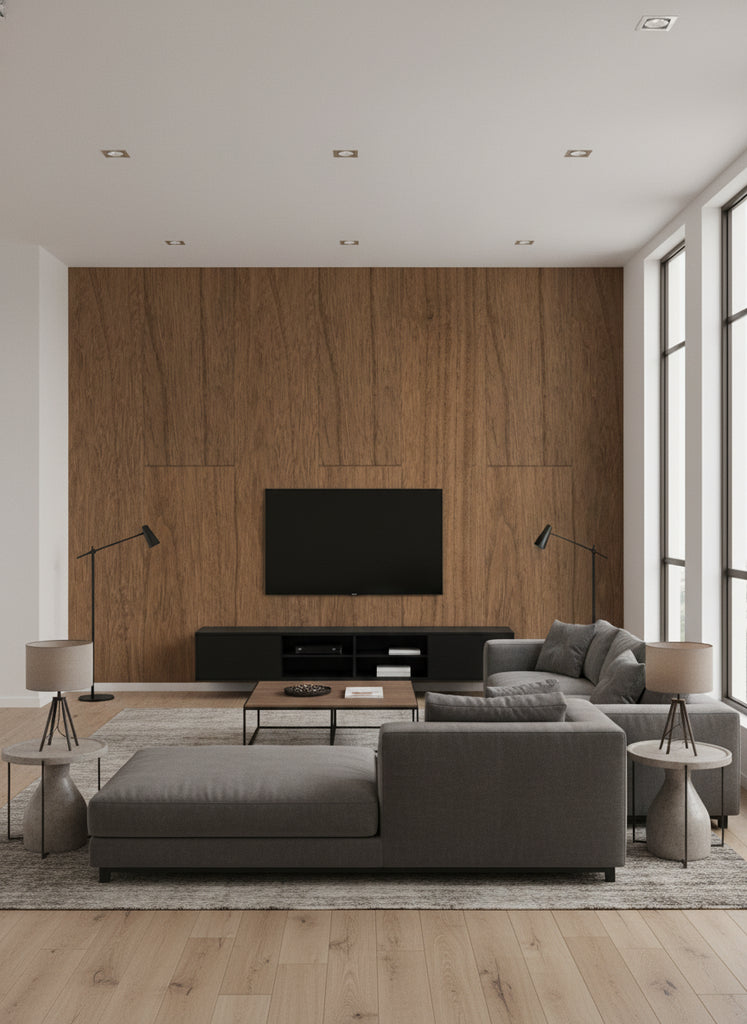 Ajiro Plank - Chestnut | Maya Romanoff - Living Room Visualization (AI-generated, may not be to scale. Verify pattern scale with product specifications.)