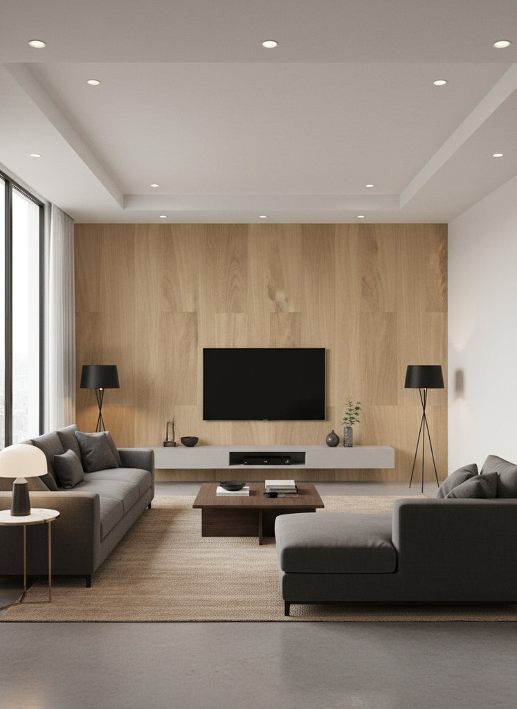 Ajiro Plank - Oak Luster | Maya Romanoff - Living Room Visualization (AI-generated, may not be to scale. Verify pattern scale with product specifications.)