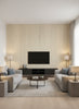 Ajiro Plank - Teak | Maya Romanoff - Living Room Visualization (AI-generated, may not be to scale. Verify pattern scale with product specifications.)