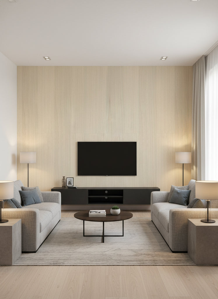 Ajiro Plank - Teak | Maya Romanoff - Living Room Visualization (AI-generated, may not be to scale. Verify pattern scale with product specifications.)