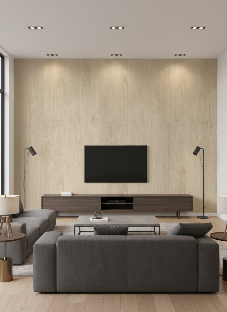 Ajiro Plank - Teak Luster | Maya Romanoff - Living Room Visualization (AI-generated, may not be to scale. Verify pattern scale with product specifications.)