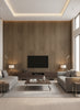 Ajiro Plank - Cacao Luster | Maya Romanoff - Living Room Visualization (AI-generated, may not be to scale. Verify pattern scale with product specifications.)